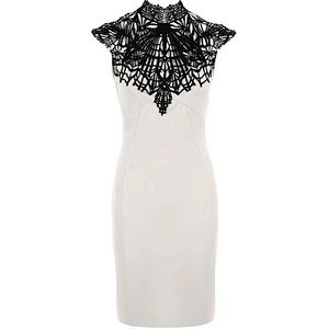 RICKETY RACK Black Guipure Lace Neck White Midi Dress